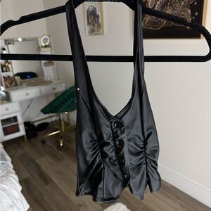 Black Satin Button-Down Tank Top